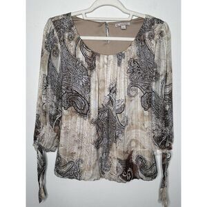 Dress Barn Blouse Women’s Size Small Beige Gold Brown Paisley Top Lined Boho